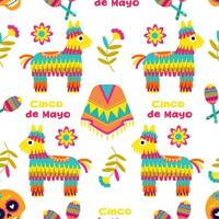 messicano cartone animato design con pinata, maracas e poncho. vettore senza soluzione di continuità modello. cinco de mayo modello ripetendo sfondo. bianca sfondo.