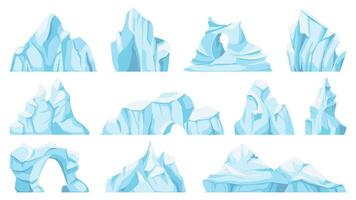 cartone animato iceberg. alla deriva artico ghiacciaio o ghiaccio roccia. congelato acqua, antartico ghiaccio picchi, ghiacciato montagna per gioco, natura oggetti vettore impostato