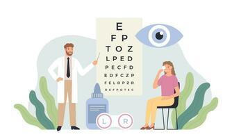 oculista controllo visione. occhio assistenza sanitaria test, oftalmologia diagnostica e professionale oftalmologi nel bianca cappotti vettore illustrazione