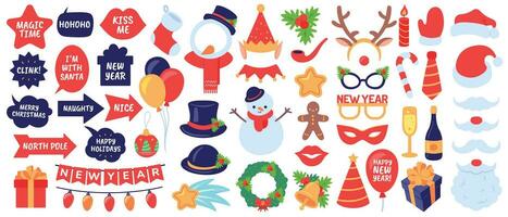 Natale foto cabina oggetti di scena. nuovo anno festa, vacanza decorativo elementi. maschere, cappelli e barba, pupazzo di neve, i regali, calza arredamento vettore impostato