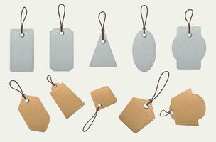 carta prezzo tag. realistico vuoto cartone etichette con corde, Vintage ▾ bianca e Marrone shopping etichette, prezzi etichetta modello vettore impostato