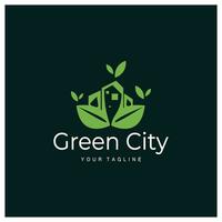 verde e salutare moderno città con foglia logo design per attività commerciale, proprietà, costruzione, eco città, futuro città, architetto, l'ambiente amichevole vettore