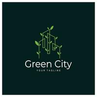 verde e salutare moderno città con foglia logo design per attività commerciale, proprietà, costruzione, eco città, futuro città, architetto, l'ambiente amichevole vettore