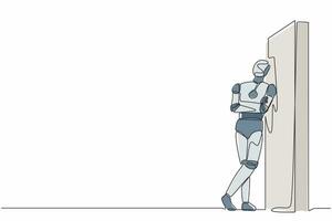 robot di disegno a linea continua singolo in piedi e appoggiato al muro, pensando a qualcosa. tecnologia di intelligenza artificiale robotica. tecnologia elettronica. illustrazione vettoriale di una linea grafica