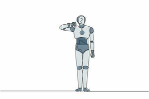 robot di disegno a linea continua singola che mostra il gesto del segno del pollice in giù. antipatia, disaccordo, delusione, disapprovazione, nessun accordo. intelligenza artificiale robotica. illustrazione vettoriale di un disegno di linea