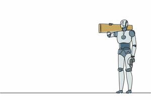 riparatore robot di disegno a linea continua in piedi con tavola, cassetta degli attrezzi e trapano. organismo cibernetico robot umanoide. sviluppo futuro della robotica. illustrazione grafica vettoriale di progettazione a linea singola