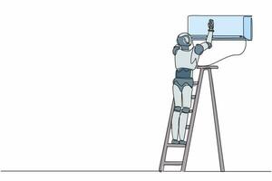 tecnico riparatore robot di disegno a linea singola che ripara il condizionatore d'aria. tecnologia futura. intelligenza artificiale e machine learning. illustrazione vettoriale grafica di disegno a linea continua