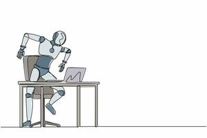 un unico disegno a tratteggio robot frustrato che grida schermo portatile sulla sua scrivania. sviluppo tecnologico futuro. apprendimento automatico dell'intelligenza artificiale. illustrazione vettoriale di disegno a linea continua