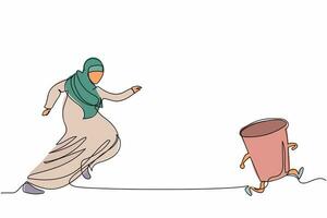 singola linea continua disegno donna d'affari araba correre a caccia di tazza di carta. concetto di fast food, assetato, bevanda. tempo di riposo lavoratore dipendente dal lavoro. illustrazione vettoriale di un disegno grafico a una linea