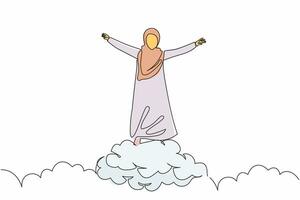 singola linea continua disegno donna d'affari araba sopra la nuvola con le mani alzate. impiegato di successo. libertà finanziaria, felicità, pace. illustrazione vettoriale di un disegno grafico a una linea