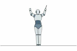 vista posteriore continua di una linea del direttore del robot che si esibisce sul palco, dirigendo l'orchestra sinfonica. organismo cibernetico robot umanoide. illustrazione grafica vettoriale di disegno a linea singola