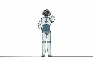 robot di disegno a linea singola con scarabocchi rotondi invece della testa, in piedi e rifiutando qualcosa con il gesto della mano di arresto. robot umanoide cibernetico. illustrazione vettoriale di disegno a linea continua