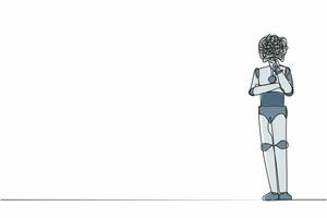 robot per disegnare una linea singola con scarabocchi rotondi invece della testa, in piedi tenendo il mento, pensando e trovando una risposta. organismo cibernetico robot umanoide. illustrazione vettoriale di disegno a linea continua