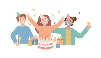 gruppo di persone felici che alzano la mano per festeggiare il compleanno, l'anniversario. celebrando illustrazione piatta vettoriale. concetto di vettore di celebrazione. stile cartone animato piatto.
