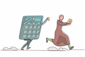 singolo continuo linea disegno paura arabo donna d'affari essere inseguito di calcolatrice. femmina dipendente difficile nel calcoli di attività commerciale progetto. uno linea disegnare grafico design vettore illustrazione