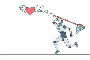 singolo uno linea disegno robot provare per attraente volante cuore con farfalla rete. amore relazione con tecnologia. futuro tecnologia. artificiale intelligenza. continuo linea design vettore illustrazione