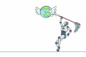 singolo uno linea disegno robot provare per attraente volante globo con farfalla rete. attività commerciale viaggio e viaggio con tecnologia. futuro tecnologia sviluppo. continuo linea disegnare design vettore illustrazione