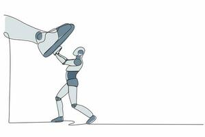 singolo uno linea disegno robot contro gigante scarpe calpestare. robot spingere contro gigante piede fare un passo. futuro tecnologia sviluppo. artificiale intelligenza. continuo linea disegnare design vettore illustrazione