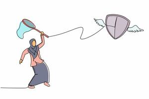 singolo uno linea disegno arabo donna d'affari provare per catturare volante scudo con farfalla rete. perdita di corpo protezione dovuto per non essere vaccinato. continuo linea disegnare design grafico vettore illustrazione