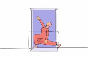 singolo continuo linea disegno salutare arabo donna con cuffie pratiche yoga vicino finestra nel balcone. gli sport attività, allenamento, esercizio, fitness, in casa uno linea disegnare design vettore illustrazione