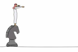 singolo continuo linea disegno arabo uomo d'affari su superiore di cavallo scacchi pezzo utilizzando telescopio guardare per successo, opportunità, futuro tendenza. attività commerciale strategia uno linea disegnare design vettore illustrazione