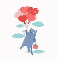 un' cartone animato gatto con un' regalo scatola mosche su a forma di cuore palloncini. contento gattino. iscrizione, il parola amore. carta design per nozze, compleanno, San Valentino giorno. vettore illustrazione.