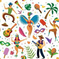 brasiliano carnevale senza soluzione di continuità modello. ballerini e maracas, palma albero, maschere e piume, latino danza Festival sfondo vettore struttura