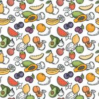 scarabocchio frutta senza soluzione di continuità modello. mano disegnato esotico frutta Mango, arancia e Limone, anguria, Banana e Kiwi sfondo vettore struttura