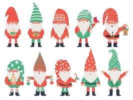 Natale nani. divertente favoloso gnomi nel rosso costumi, natale gnomo con lanterna tradizionale decorazione, inverno vacanza vettore personaggi