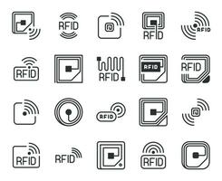rfid icone. frequenza radio identificazione etichetta, etichetta, patata fritta e antenna linea logo. senza fili sistema per puntamento e controllo, vettore simboli
