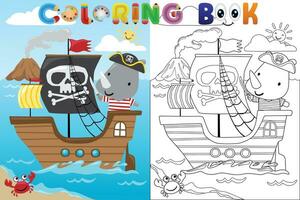 vettore colorazione libro con rinoceronte cucciolo pirata su barca a vela