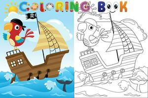 vettore colorazione libro con pappagallo su barca a vela