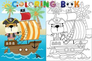 vettore colorazione libro con tigre pirata su barca a vela