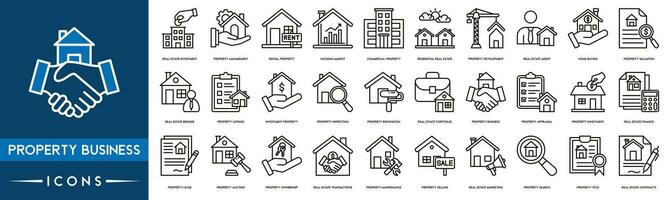 proprietà attività commerciale schema icona collezione. magro linea impostato contiene come icone come vero tenuta investimento, proprietà gestione, noleggio proprietà, alloggiamento mercato e commerciale proprietà vettore