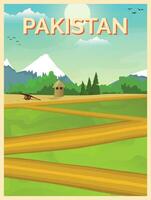 vettore illustrazione di campagna Pakistan villaggio cartone animato sfondo manifesto, carta, modello di verde prati e circondato di alberi e montagne