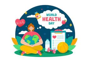 mondo Salute giorno vettore illustrazione su aprile 7 ° con terra e medico attrezzatura per il importanza di salutare e stile di vita nel cartone animato sfondo