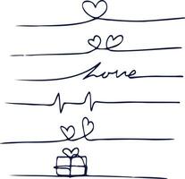 cuore linea divisore impostato amore simbolo mano disegnato, continuo uno linea disegno cuore forma decorazione, nero e bianca minimalista illustrazione fatto di uno linea vettore