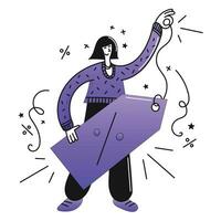 vettore illustrazione di un' ragazza nel un' viola maglione con un' grande sconto.