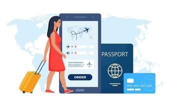 mobile App per acquisto biglietto con smartphone. prenotazione voli viaggio. aria Biglietti, passaporto, donna a piedi con valigia. viaggiare, viaggio, attività commerciale viaggio. vettore illustrazione.