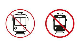 tranvia non permesso strada cartello. tram modo cerchio simbolo impostare. elettrico tram vietare traffico rosso cartello. avvertimento città trasporto linea e silhouette proibito icone. isolato vettore illustrazione.