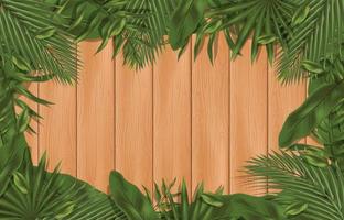modello di sfondo di legno e fogliame tropicale vettore