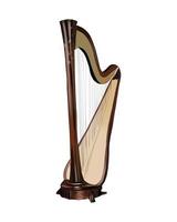 immagine realistica di arpe da concerto. strumento musicale a corde nazionale irlandese da vernici multicolori. spruzzata di acquerello, disegno colorato. illustrazione vettoriale di vernici