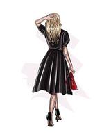 bella donna di moda in abito nero, ragazza alla moda da vernici multicolori. spruzzata di acquerello, disegno colorato, realistico. illustrazione vettoriale di vernici