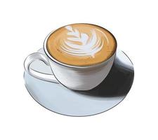 tazza di caffè bianca, vista dall'alto e laterale, cappuccino, latte da vernici multicolori. spruzzata di acquerello, disegno colorato, realistico. illustrazione vettoriale di vernici