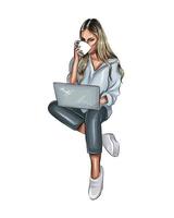 bella donna sta lavorando su un computer portatile. ragazza che tiene una tazza di caffè da vernici multicolori. spruzzata di acquerello, disegno colorato, realistico. illustrazione vettoriale di vernici