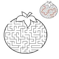 pomodoro labirinto. gioco per bambini. puzzle per bambini. stile cartone animato. enigma del labirinto. illustrazione vettoriale in bianco e nero. con risposta. lo sviluppo del pensiero logico e spaziale.