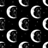 Gatto seduto sulla luna. Fondo senza cuciture del cielo notturno. Magia carina, design occulto. Vettore