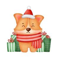 cane corgi simpatico cartone animato dell'acquerello con scatole regalo per la cartolina di Natale. vettore