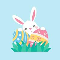 un' cartone animato coniglietto nascondiglio dietro a coloritamente decorato Pasqua uova durante il Pasqua uovo Festival. vettore