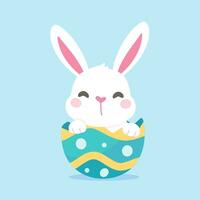 un' cartone animato coniglietto nascondiglio dietro a coloritamente decorato Pasqua uova durante il Pasqua uovo Festival. vettore